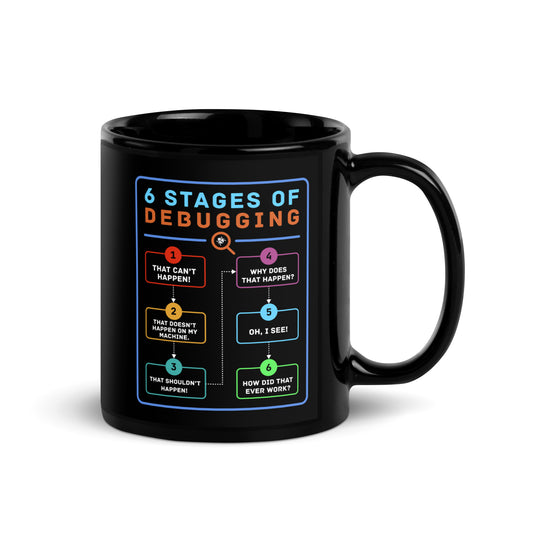 6 Stages of Debugging - Black Glossy Mug